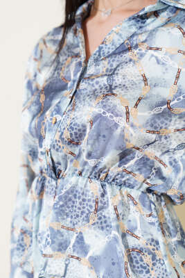 Desenli Bel Lastikli Saten Kısa Gömlek İndigo - Kadın Giyim Modelleri