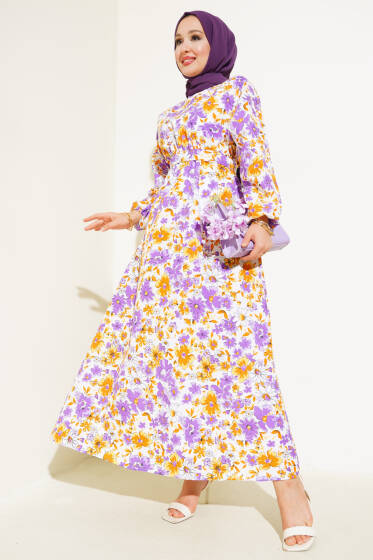 Desenli Bel Lastikli Terikoton Elbise Lila - Elbise