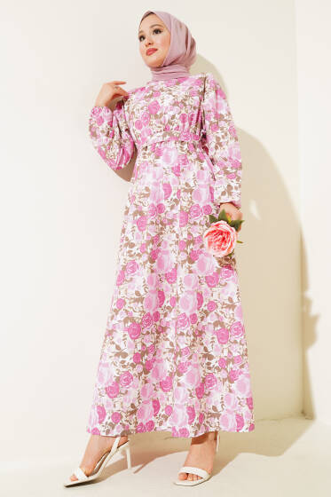 Desenli Bel Lastikli Terikoton Elbise Pembe - Elbise