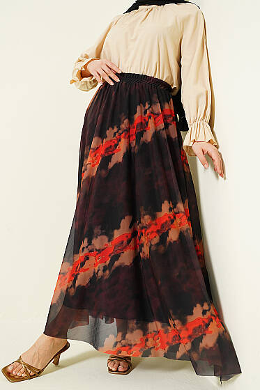 Desenli Bel Lastikli Tül Etek Kahve - Etek