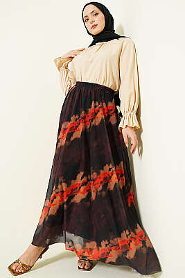 Desenli Bel Lastikli Tül Etek Kahve - Etek