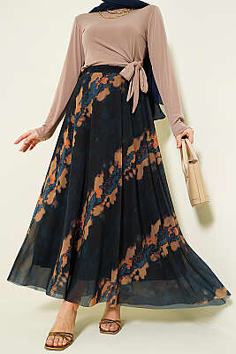 Desenli Bel Lastikli Tül Etek Lacivert - ZAMANE (QSS)