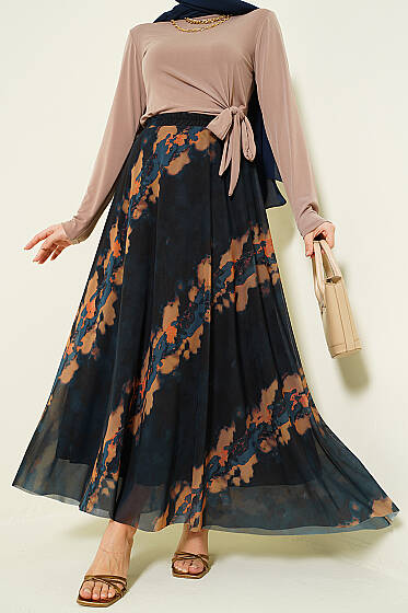 Desenli Bel Lastikli Tül Etek Lacivert - Etek