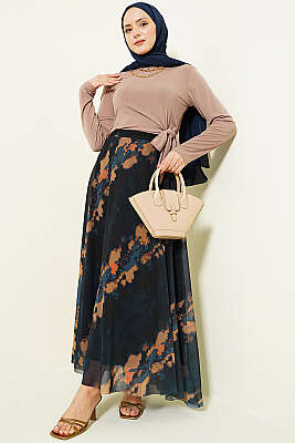 Desenli Bel Lastikli Tül Etek Lacivert - Etek