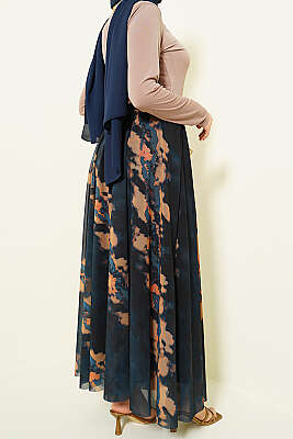 Desenli Bel Lastikli Tül Etek Lacivert - Etek