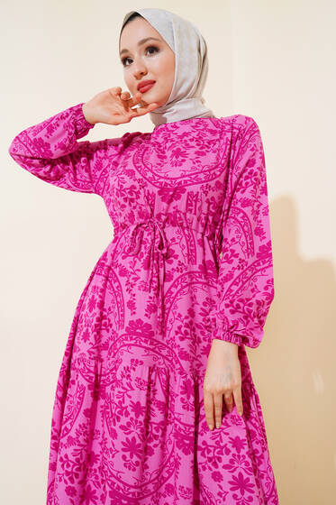 Desenli Bel Tünelli Elbise Fuşya - Elbise