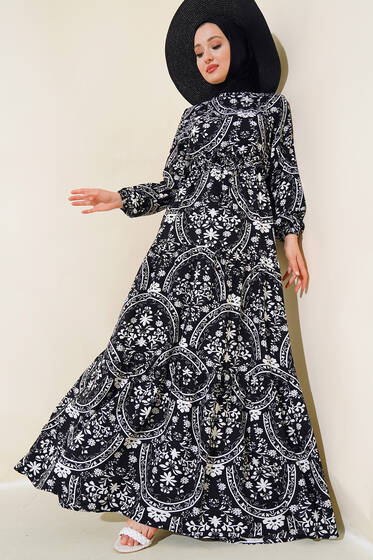 Desenli Bel Tünelli Elbise Siyah - Elbise