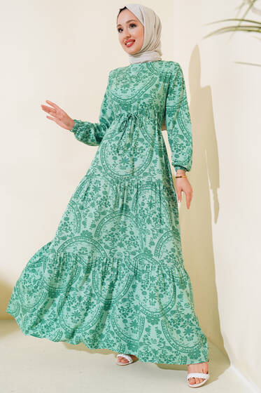Desenli Bel Tünelli Elbise Yeşil - Elbise
