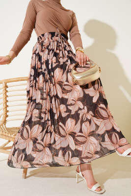 Desenli Beli Lastikli Pileli Etek Latte - Uzun Etek