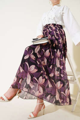 Desenli Beli Lastikli Pileli Etek Mor 