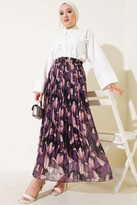 Desenli Beli Lastikli Pileli Etek Mor - Uzun Etek