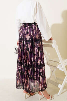 Desenli Beli Lastikli Pileli Etek Mor - Uzun Etek