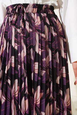 Desenli Beli Lastikli Pileli Etek Mor - Uzun Etek