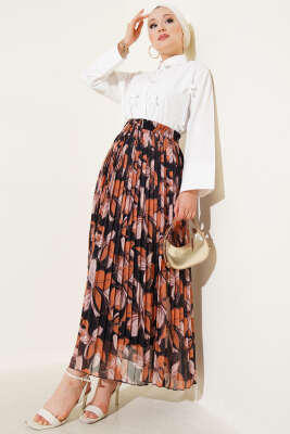 Desenli Beli Lastikli Pileli Etek Taba - Uzun Etek