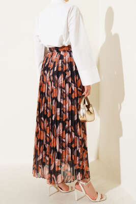 Desenli Beli Lastikli Pileli Etek Taba - Uzun Etek
