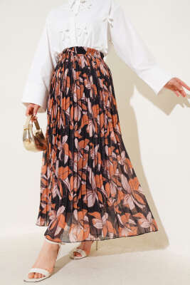 Desenli Beli Lastikli Pileli Etek Taba 