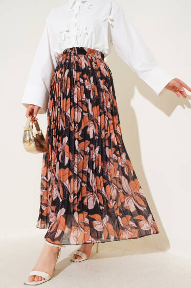 Desenli Beli Lastikli Pileli Etek Taba - Uzun Etek