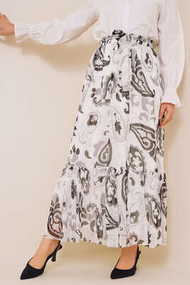 Desenli Beli Lastikli Şifon Etek Füme 