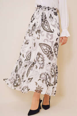 Desenli Beli Lastikli Şifon Etek Füme - Uzun Etek