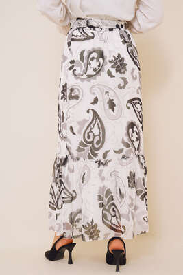 Desenli Beli Lastikli Şifon Etek Füme - Uzun Etek