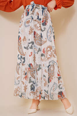 Desenli Beli Lastikli Şifon Etek Latte - ALİ AKKAYA
