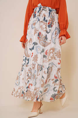 Desenli Beli Lastikli Şifon Etek Latte - Uzun Etek