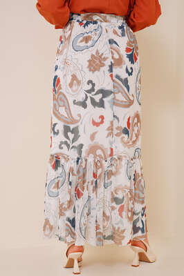 Desenli Beli Lastikli Şifon Etek Latte - Uzun Etek