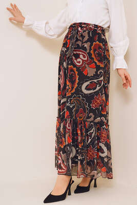 Desenli Beli Lastikli Şifon Etek Siyah 