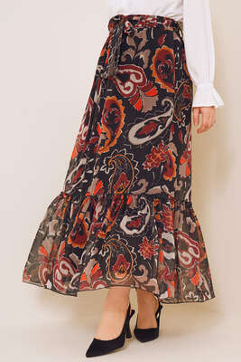 Desenli Beli Lastikli Şifon Etek Siyah - Uzun Etek