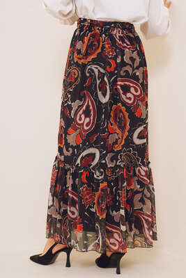 Desenli Beli Lastikli Şifon Etek Siyah - Uzun Etek