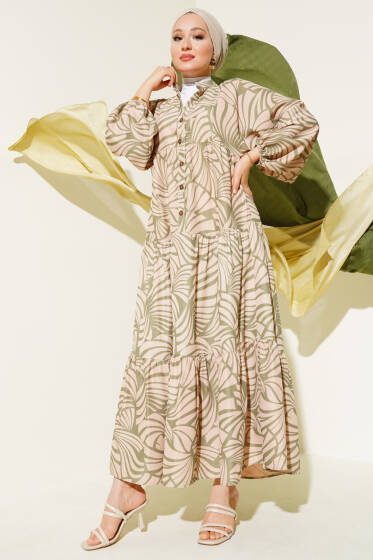 Desenli Bileği Lastikli Elbise Çağla Yeşili - Elbise