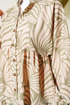 Desenli Bileği Lastikli Elbise Çağla Yeşili - Tesettür Elbise