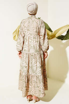 Desenli Bileği Lastikli Elbise Çağla Yeşili - Tesettür Elbise