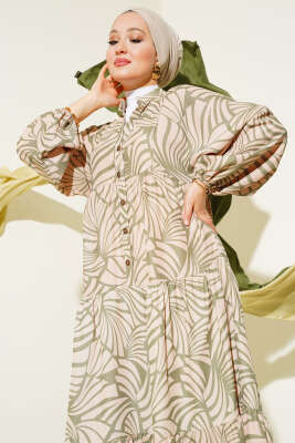 Desenli Bileği Lastikli Elbise Çağla Yeşili - Tesettür Elbise