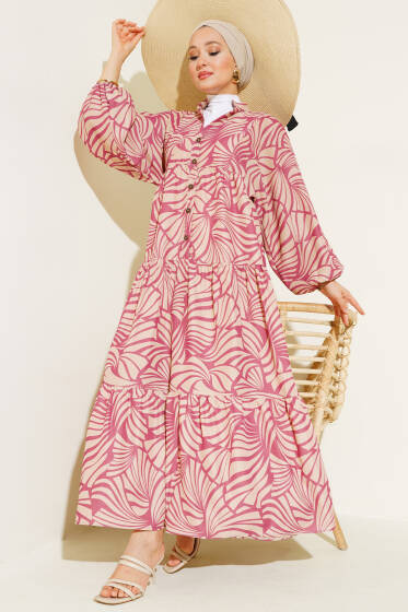 Desenli Bileği Lastikli Elbise Gül Kurusu - Elbise