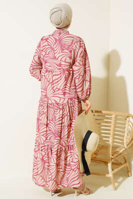 Desenli Bileği Lastikli Elbise Gül Kurusu - Tesettür Elbise