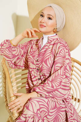 Desenli Bileği Lastikli Elbise Gül Kurusu - Tesettür Elbise