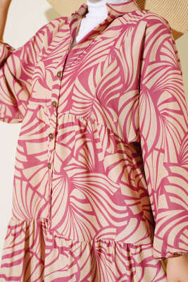 Desenli Bileği Lastikli Elbise Gül Kurusu - Tesettür Elbise