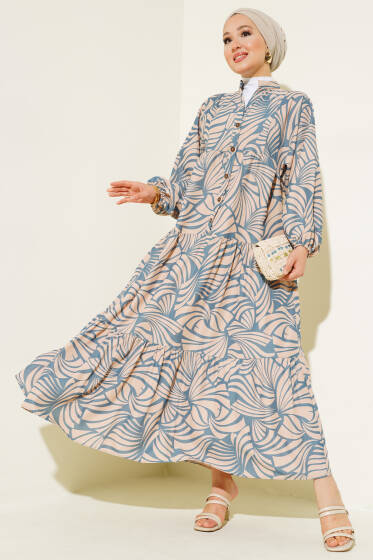 Desenli Bileği Lastikli Elbise İndigo - Elbise