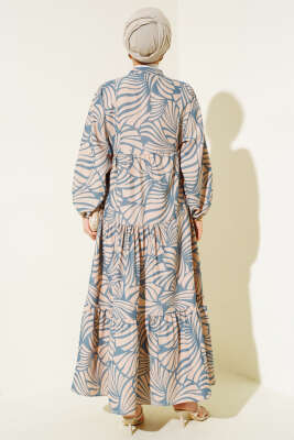 Desenli Bileği Lastikli Elbise İndigo - Tesettür Elbise