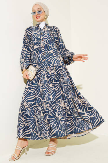 Desenli Bileği Lastikli Elbise Lacivert - Elbise
