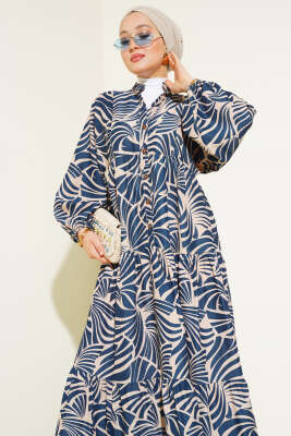 Desenli Bileği Lastikli Elbise Lacivert - Tesettür Elbise