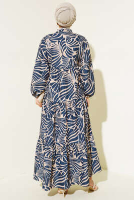 Desenli Bileği Lastikli Elbise Lacivert - Tesettür Elbise