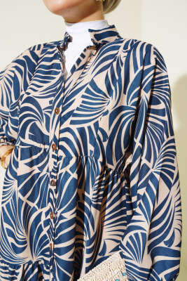 Desenli Bileği Lastikli Elbise Lacivert - Tesettür Elbise