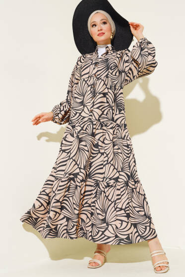 Desenli Bileği Lastikli Elbise Siyah - Elbise