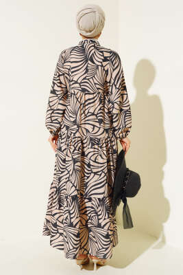 Desenli Bileği Lastikli Elbise Siyah - Tesettür Elbise