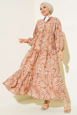 Desenli Bileği Lastikli Elbise Taba - Tesettür Elbise