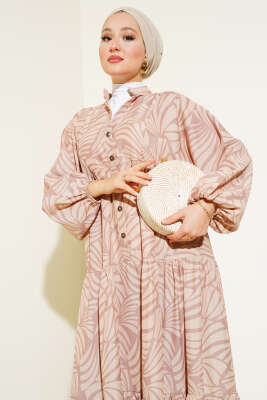 Desenli Bileği Lastikli Elbise Vizon - Tesettür Elbise