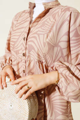 Desenli Bileği Lastikli Elbise Vizon - Tesettür Elbise