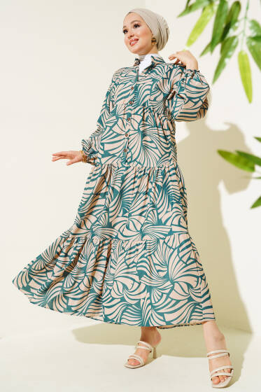 Desenli Bileği Lastikli Elbise Zümrüt - Elbise
